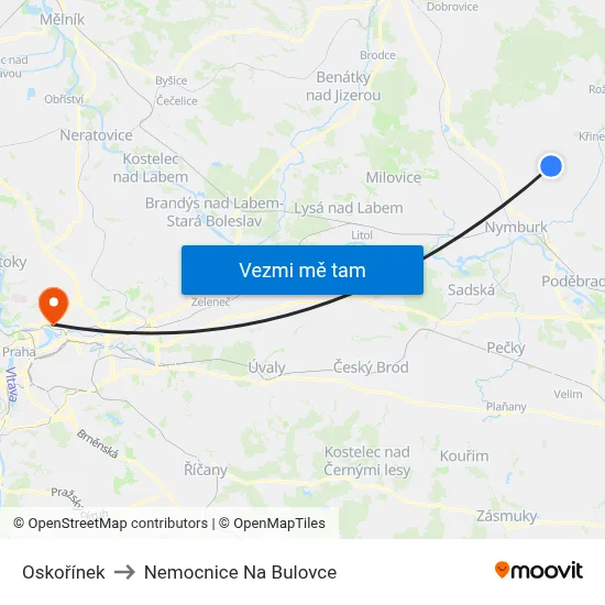 Oskořínek to Nemocnice Na Bulovce map