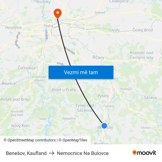 Benešov, Kaufland to Nemocnice Na Bulovce map