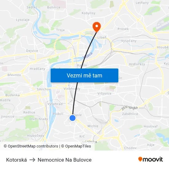 Kotorská to Nemocnice Na Bulovce map
