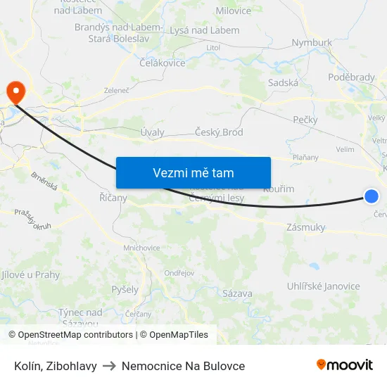 Kolín, Zibohlavy to Nemocnice Na Bulovce map