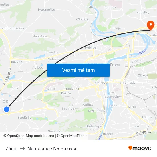 Zličín to Nemocnice Na Bulovce map