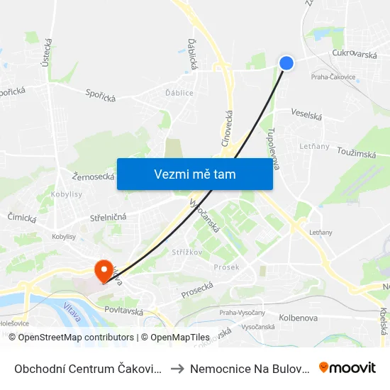 Obchodní Centrum Čakovice to Nemocnice Na Bulovce map