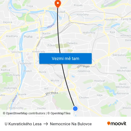 U Kunratického Lesa to Nemocnice Na Bulovce map