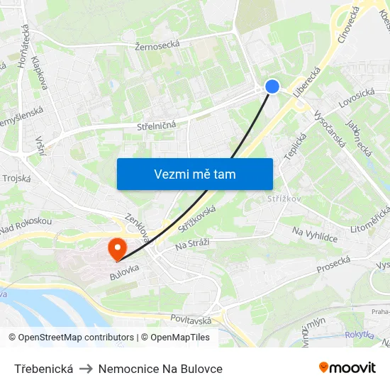 Třebenická to Nemocnice Na Bulovce map