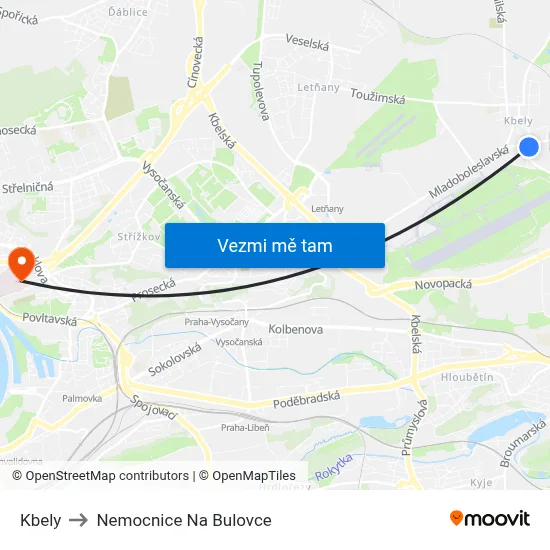 Kbely to Nemocnice Na Bulovce map