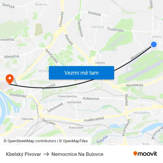 Kbelský Pivovar to Nemocnice Na Bulovce map