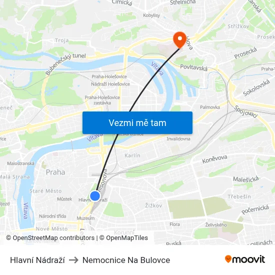 Hlavní Nádraží to Nemocnice Na Bulovce map