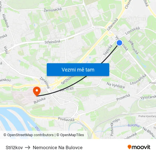 Střížkov to Nemocnice Na Bulovce map