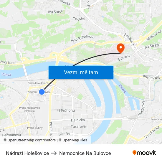 Nádraží Holešovice to Nemocnice Na Bulovce map