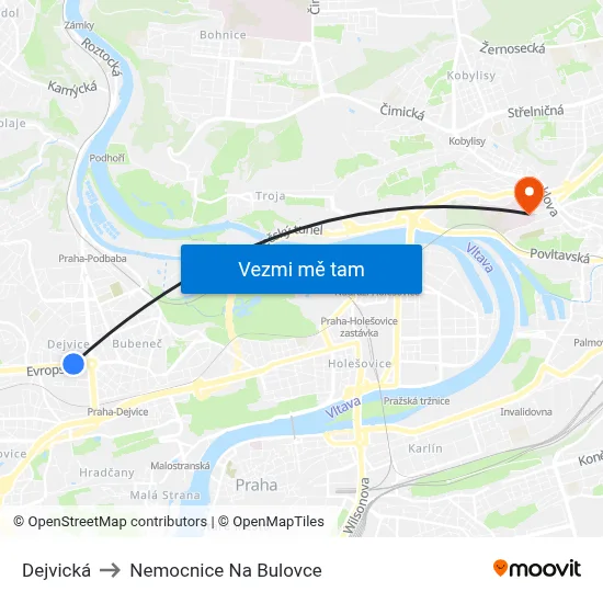 Dejvická to Nemocnice Na Bulovce map