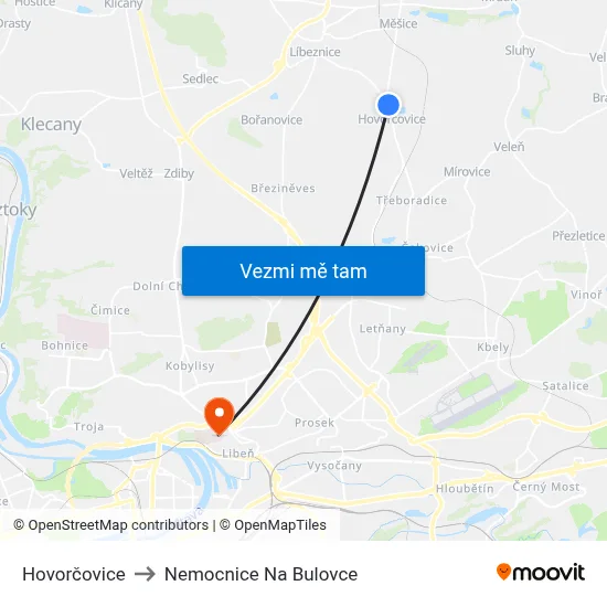 Hovorčovice to Nemocnice Na Bulovce map