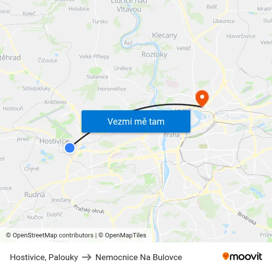 Hostivice, Palouky to Nemocnice Na Bulovce map
