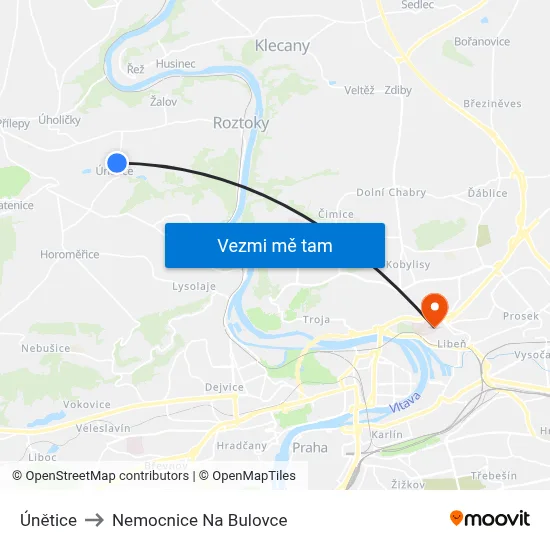 Únětice to Nemocnice Na Bulovce map