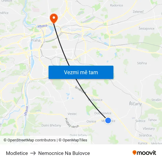 Modletice to Nemocnice Na Bulovce map