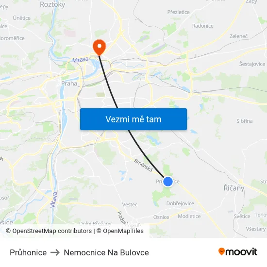 Průhonice to Nemocnice Na Bulovce map