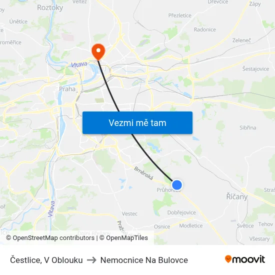 Čestlice, V Oblouku to Nemocnice Na Bulovce map
