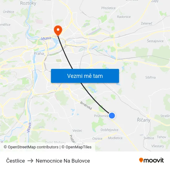 Čestlice to Nemocnice Na Bulovce map