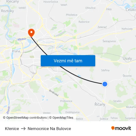 Křenice to Nemocnice Na Bulovce map