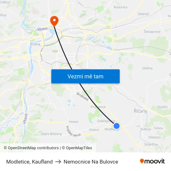 Modletice, Kaufland to Nemocnice Na Bulovce map
