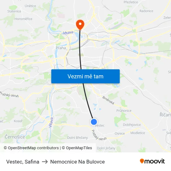 Vestec, Safina to Nemocnice Na Bulovce map