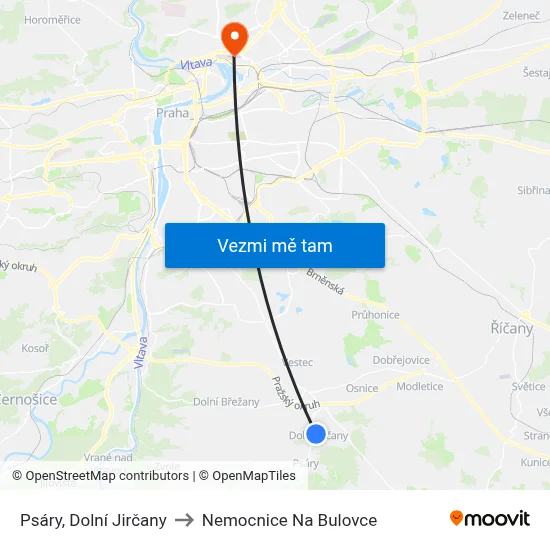 Psáry, Dolní Jirčany to Nemocnice Na Bulovce map