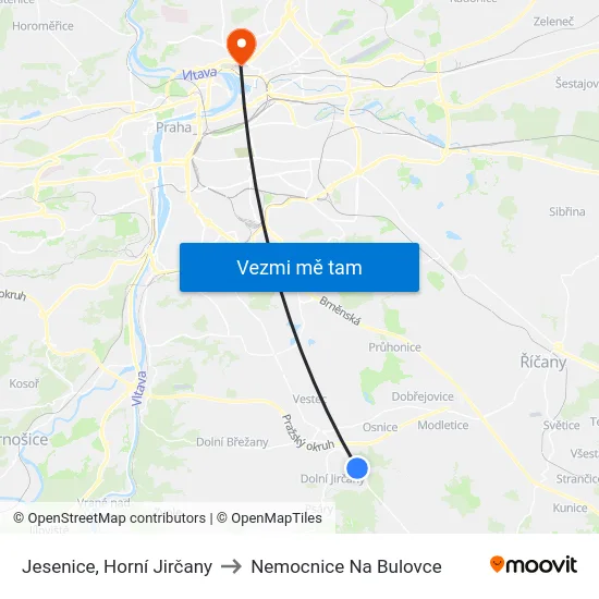 Jesenice, Horní Jirčany to Nemocnice Na Bulovce map