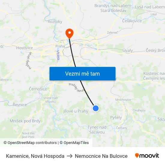Kamenice, Nová Hospoda to Nemocnice Na Bulovce map