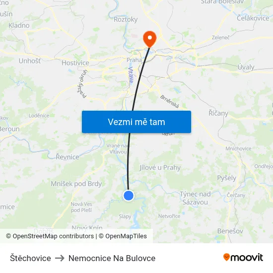 Štěchovice to Nemocnice Na Bulovce map