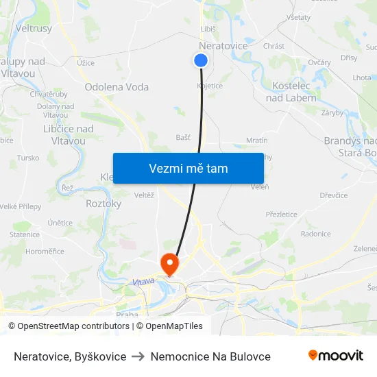 Neratovice, Byškovice to Nemocnice Na Bulovce map