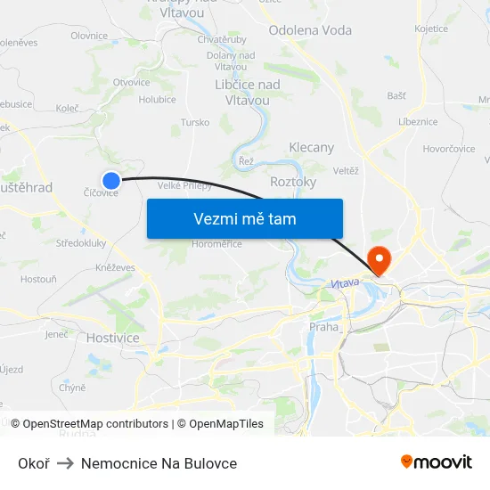 Okoř to Nemocnice Na Bulovce map