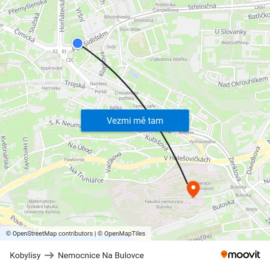 Kobylisy to Nemocnice Na Bulovce map