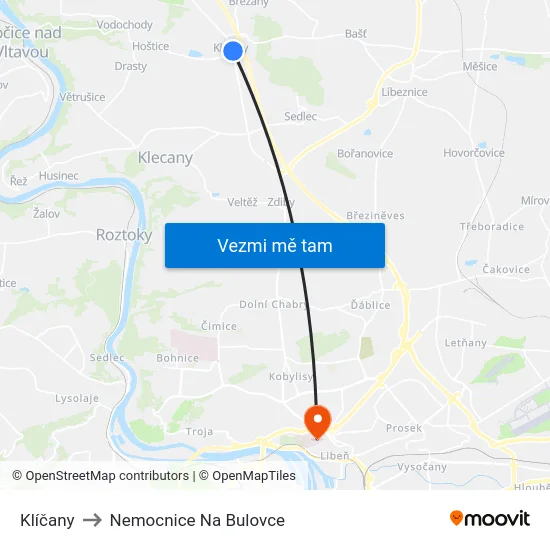 Klíčany to Nemocnice Na Bulovce map