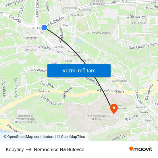 Kobylisy to Nemocnice Na Bulovce map