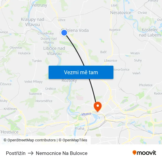 Postřižín to Nemocnice Na Bulovce map