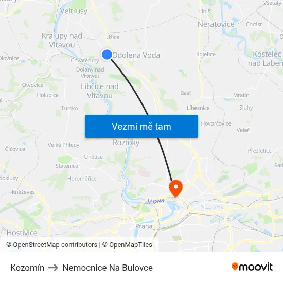 Kozomín to Nemocnice Na Bulovce map