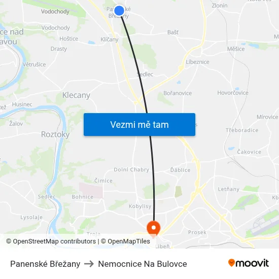 Panenské Břežany to Nemocnice Na Bulovce map