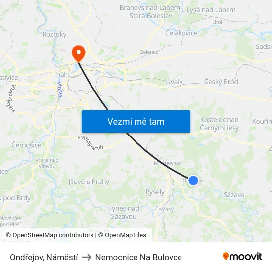 Ondřejov, Náměstí to Nemocnice Na Bulovce map