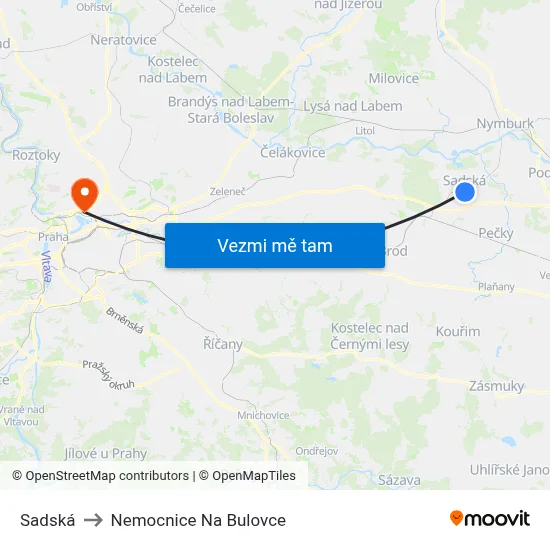 Sadská to Nemocnice Na Bulovce map