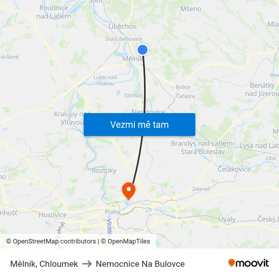 Mělník, Chloumek to Nemocnice Na Bulovce map