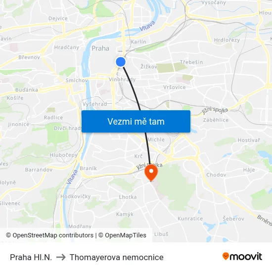 Praha Hl.N. to Thomayerova nemocnice map