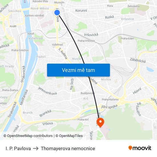 I. P. Pavlova to Thomayerova nemocnice map