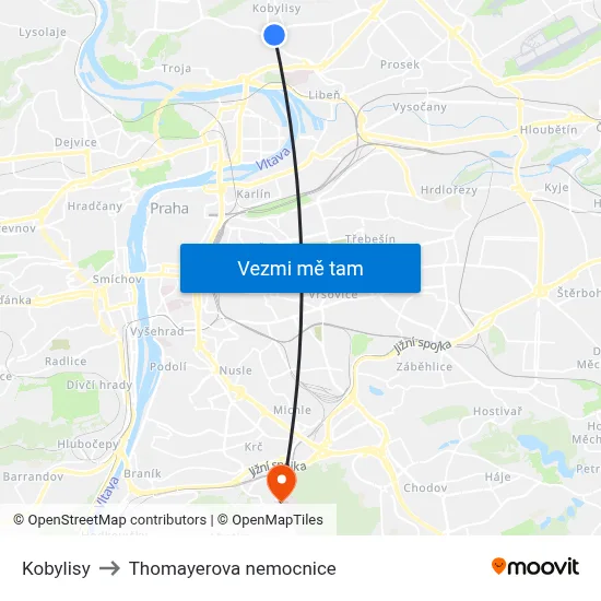 Kobylisy to Thomayerova nemocnice map
