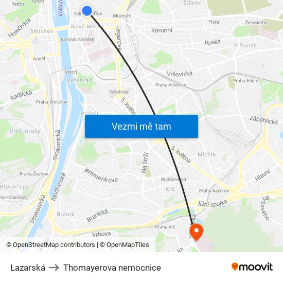 Lazarská to Thomayerova nemocnice map