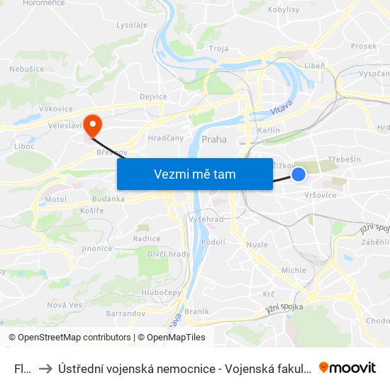 Flora to Ústřední vojenská nemocnice - Vojenská fakultní nemocnice Praha map