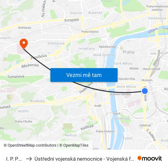 I. P. Pavlova to Ústřední vojenská nemocnice - Vojenská fakultní nemocnice Praha map