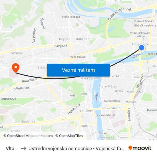 Vltavská to Ústřední vojenská nemocnice - Vojenská fakultní nemocnice Praha map