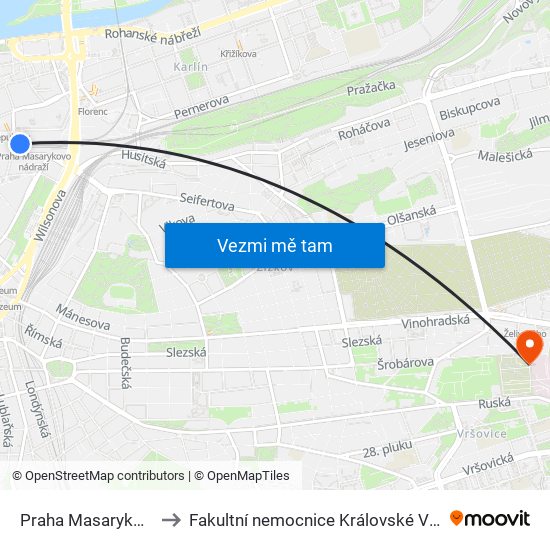 Praha Masarykovo N. to Fakultní nemocnice Královské Vinohrady map