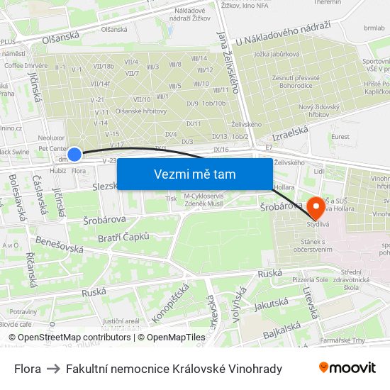 Flora to Fakultní nemocnice Královské Vinohrady map