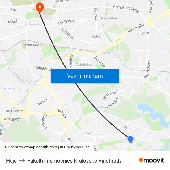 Háje to Fakultní nemocnice Královské Vinohrady map