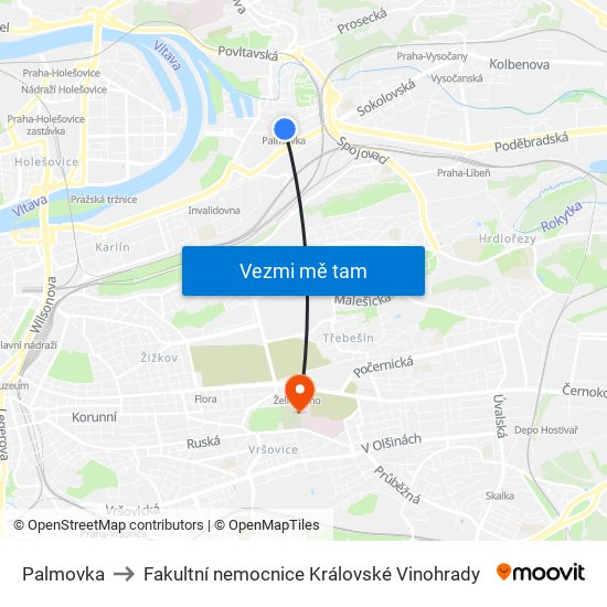 Palmovka to Fakultní nemocnice Královské Vinohrady map